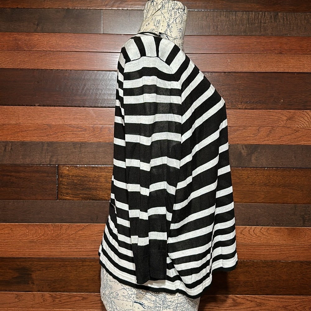 Worthington Open Front 3/4 Sleeve Black and White Striped Cardigan Sweater - Picture 7 of 10